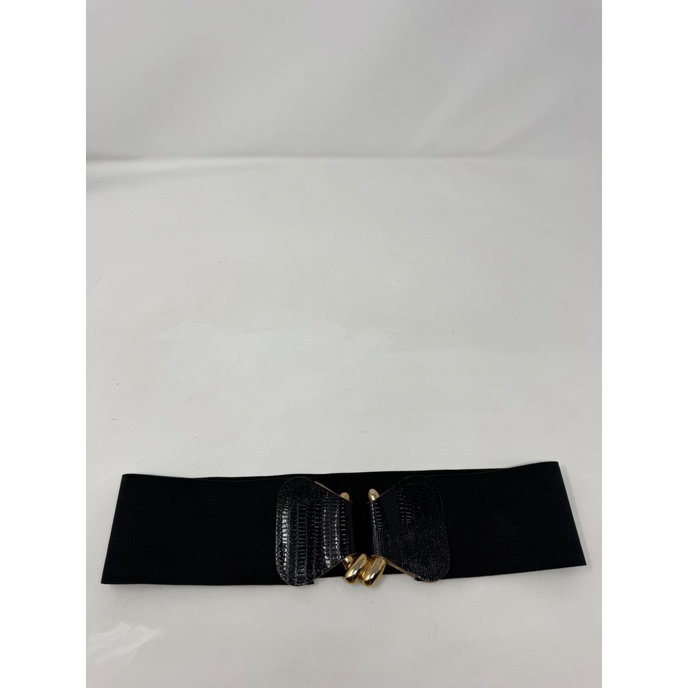 Black Wide Elastic Cinch Belt Gold Interlocking Buckle Faux Reptile Trim